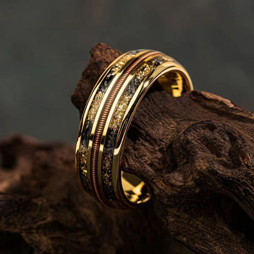 Aero Man Wood Grain & Amber Inlay Ring | Three-Groove Stainless Steel Band