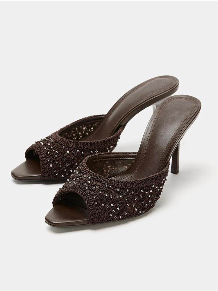 10cm Stiletto Heeled Mules | Glossy Peep-Toe Slip-On Sandals