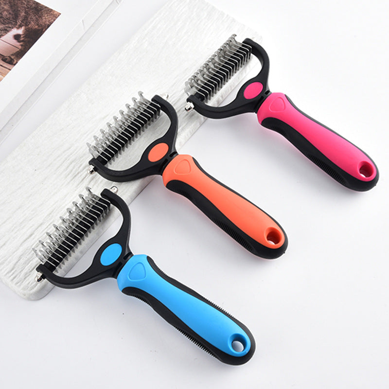 Professional Dual-Sided Pet Grooming Rake – Stainless Steel Anti-Rust Detangling & Undercoat DE shedding Tool with Ergonomic TPR Grip