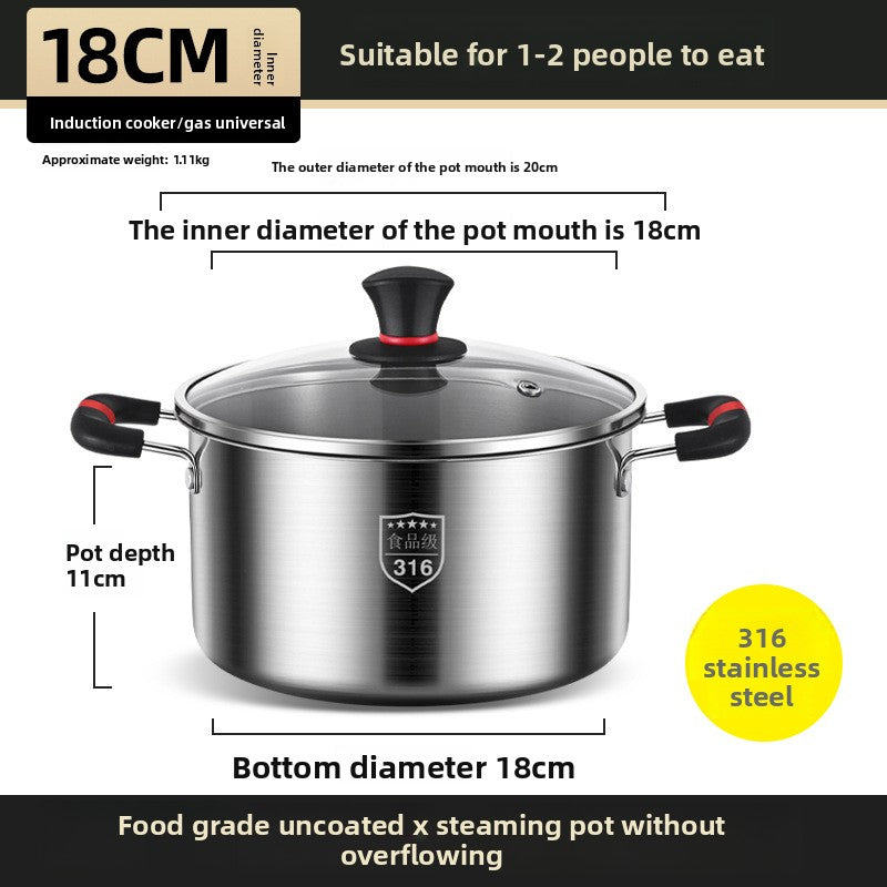 Premium 316 Stainless Steel Stock Pot With Glass Lid | Induction & Gas Compatible Deep Soup Cooker | Thickened Multi-Size Cooking Pot