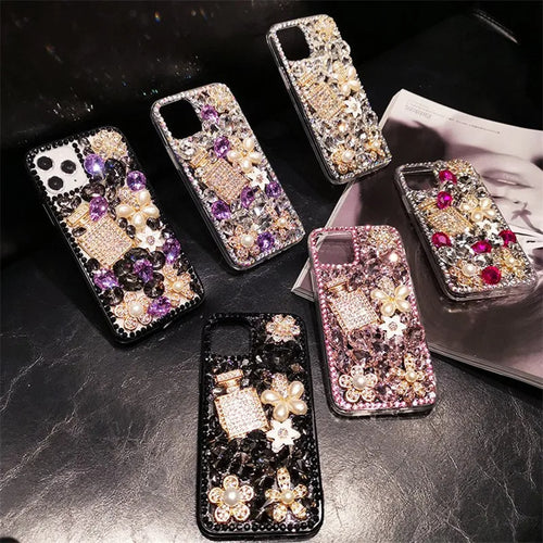 "Handcrafted Diamond Perfume Bottle Case – Luxury Rhinestone Bling Cover for iPhone 15, 16 & 17"