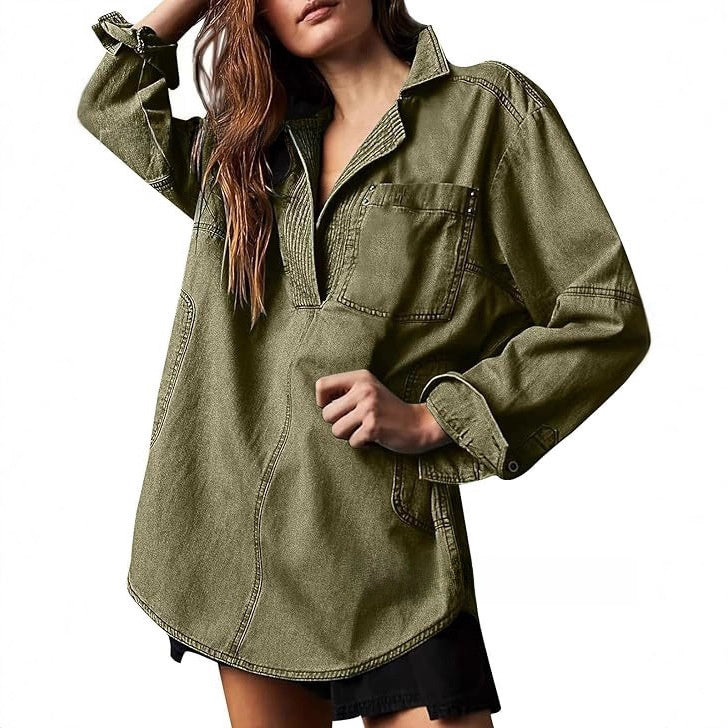 Sutton Oversized Denim Pullover Shacket- Loose Fit V-Neck Jean Shirt