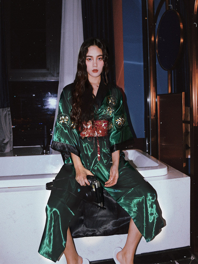 Silk-like Kimono Pajama Set for Women