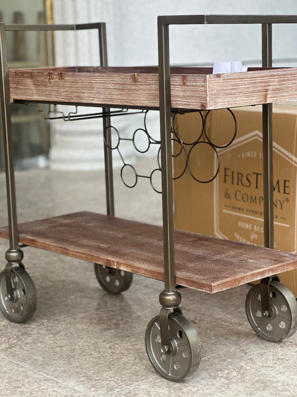 Retro Wood and Iron Storage Cart with Wheels