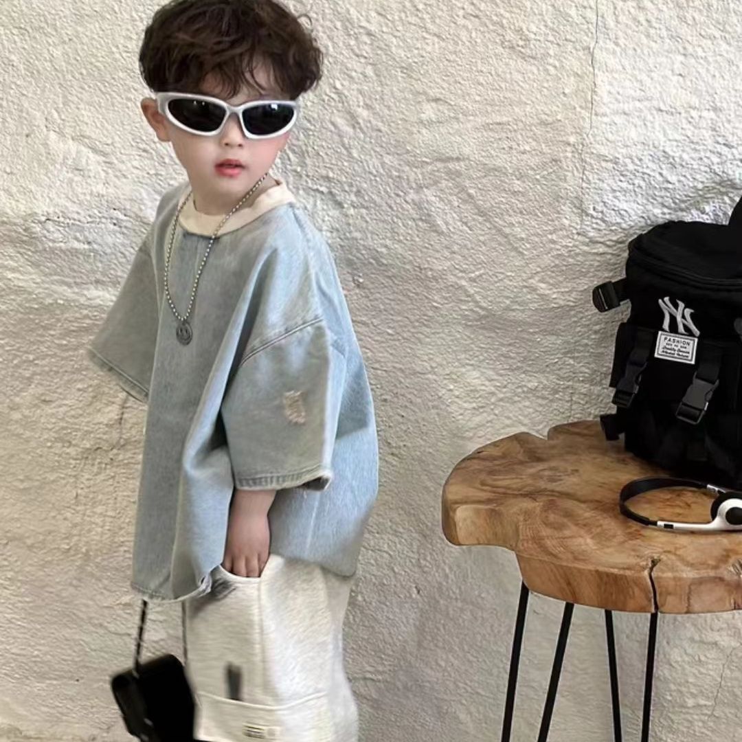 Kids Distressed Denim 2-Piece Summer Outfit Set - Soft Enzyme-Washed Short Sleeve Top & Shorts Matching Streetwear Set