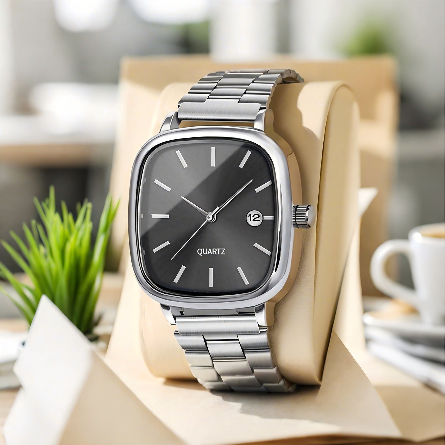 Square Quartz Watch with Stainless Steel Band