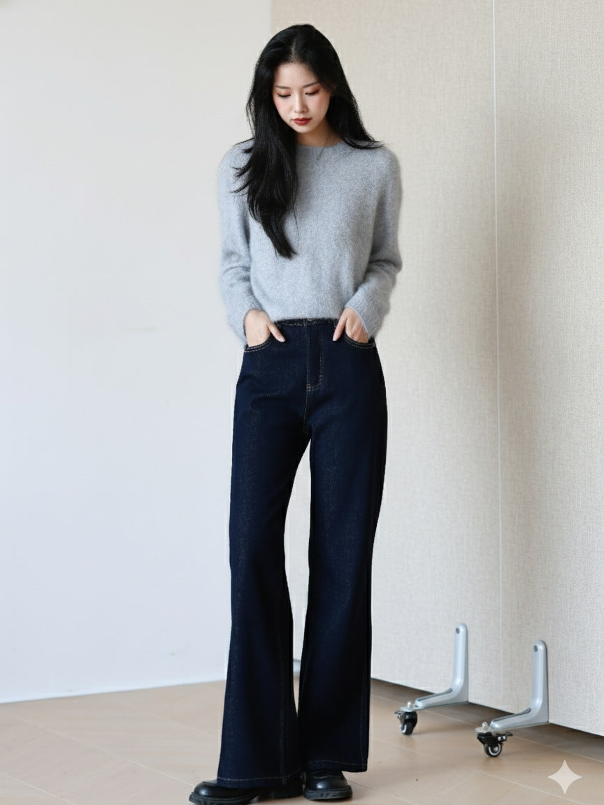 Fleece-Lined Bootcut Denim Jeans High Waisted Stretch Pants