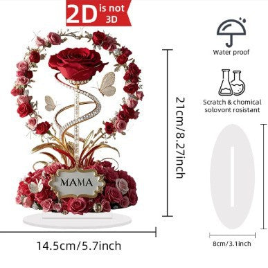 Elegant 2D Acrylic Rose Dest Ornament | Sleek Flat-Design Floral Keepsake