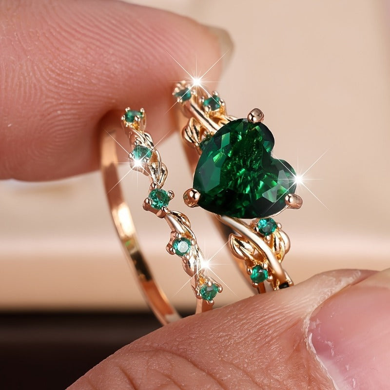 Zircon Inlaid Heart-Shaped Ring Set