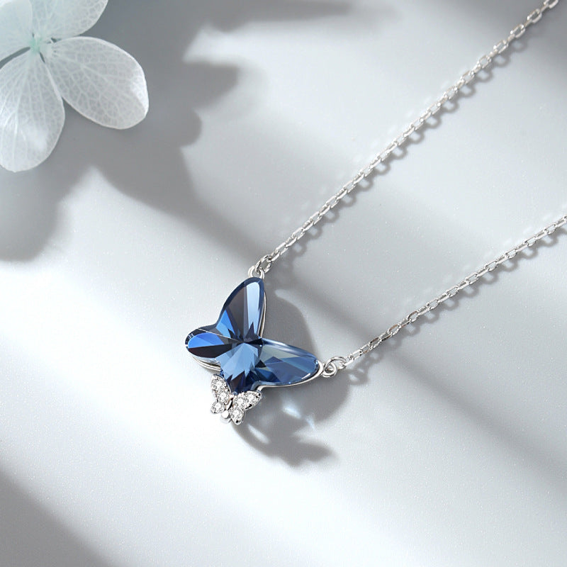 Sapphire Blue Crystal Butterfly Necklace 925 Sterling Silver Cubic Zirconia Pendant