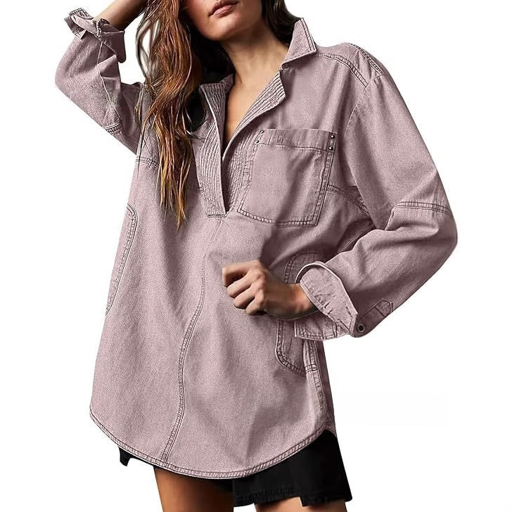 Sutton Oversized Denim Pullover Shacket- Loose Fit V-Neck Jean Shirt