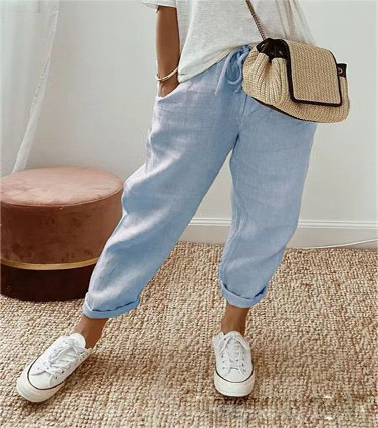 Womens Linen Blend Elastic Waist Casual Pants