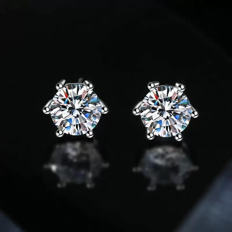 Luxury Six-Prong Zircon Stud Earrings – Precision-Cut Imitation Moissanite with Polished Gold & White Gold Electroplated Finish