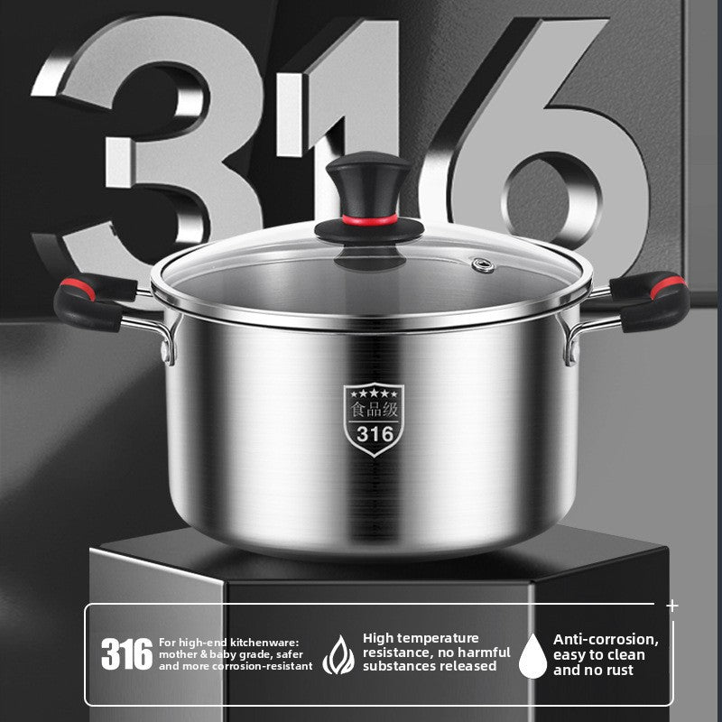 Premium 316 Stainless Steel Stock Pot With Glass Lid | Induction & Gas Compatible Deep Soup Cooker | Thickened Multi-Size Cooking Pot