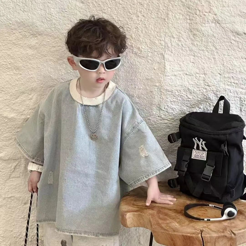 Children's denim short-sleeve top with distinctive ripped design