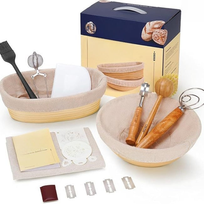 Artisan Sourdough Bread Proofing Basket Set - Natural Rattan Banneton Basket Kit with Dough Whisk, Scoring Lame, Bench Scraper & Liners (Round/Oval)