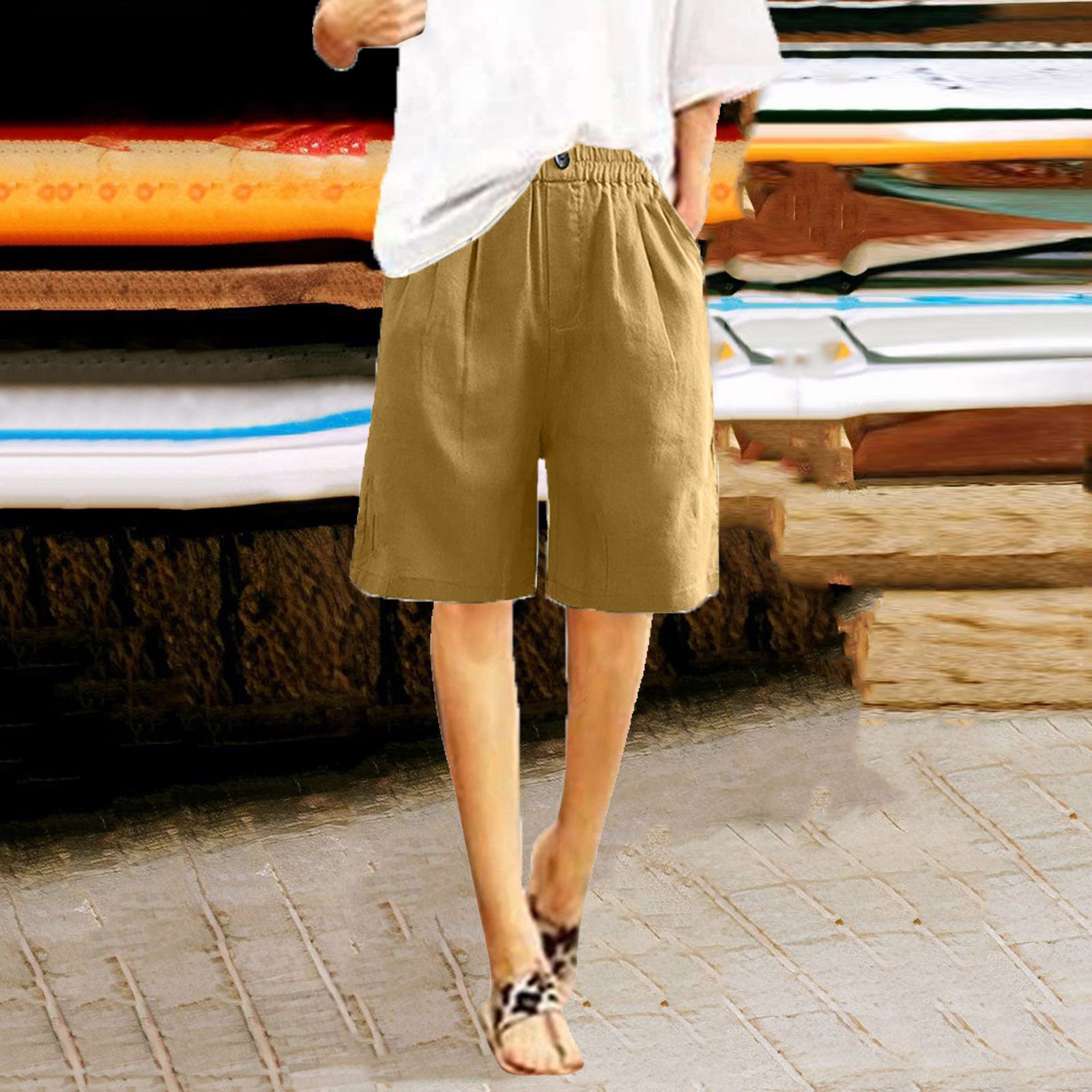 Womens Cotton Linen High Waist Shorts