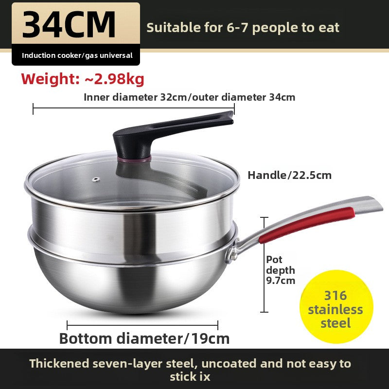 Premiun 316 Stainless Steel Cooking Wok | Multi-Layer Composite Base Stir-Fry Pan | Heavy-Duty 2kg Food-Grade Woke with Steamer Capability