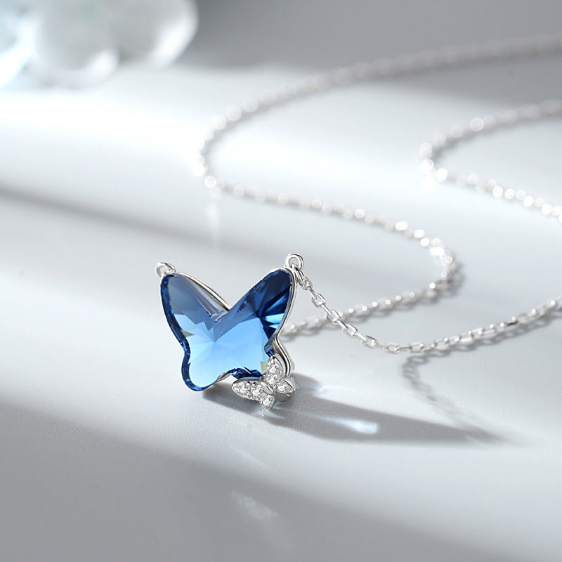 Sapphire Blue Crystal Butterfly Necklace 925 Sterling Silver Cubic Zirconia Pendant