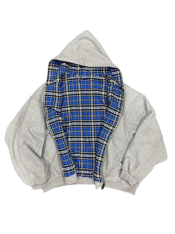 Hooded zip-up plaid patchwork reversible sweatshirt