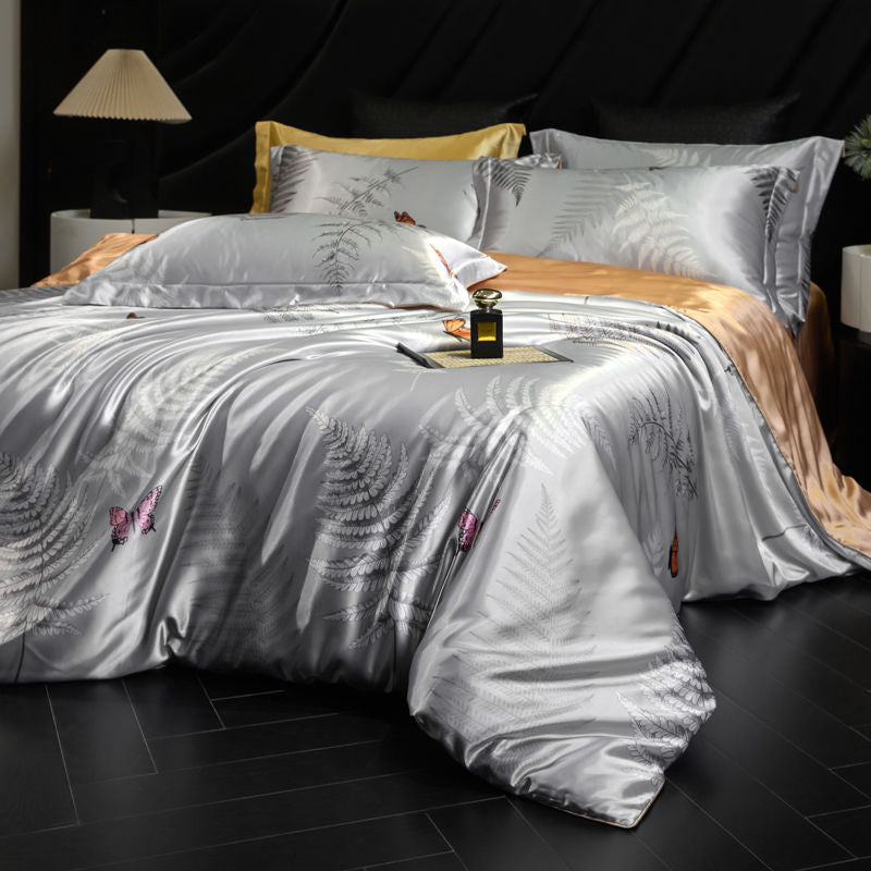 Heavy Weightweight 40mm Printed Silk Four-Piece Set Double-Sided Mulberry Silk Ice Silk Quilt Cover Naked Sleeping Fitted Bed Sheets Bedding
