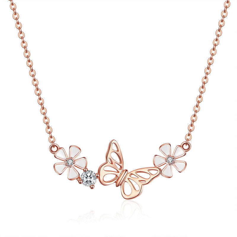 925 Sterling Silver Butterfly Flower Necklace-Dainty Floral Pendant Jewelry for Women