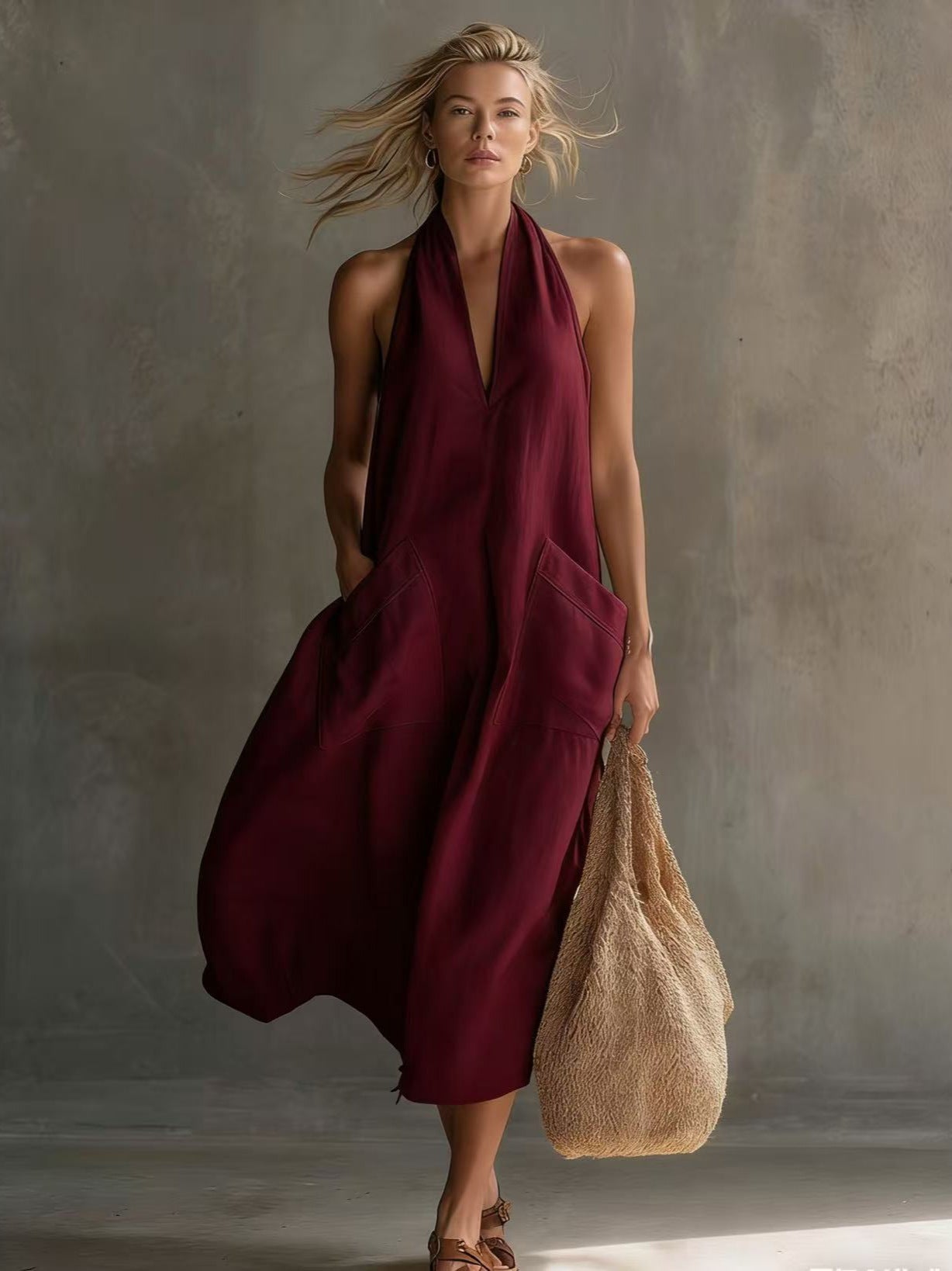 Vintage V-Neck A-Line Dress with Pockets